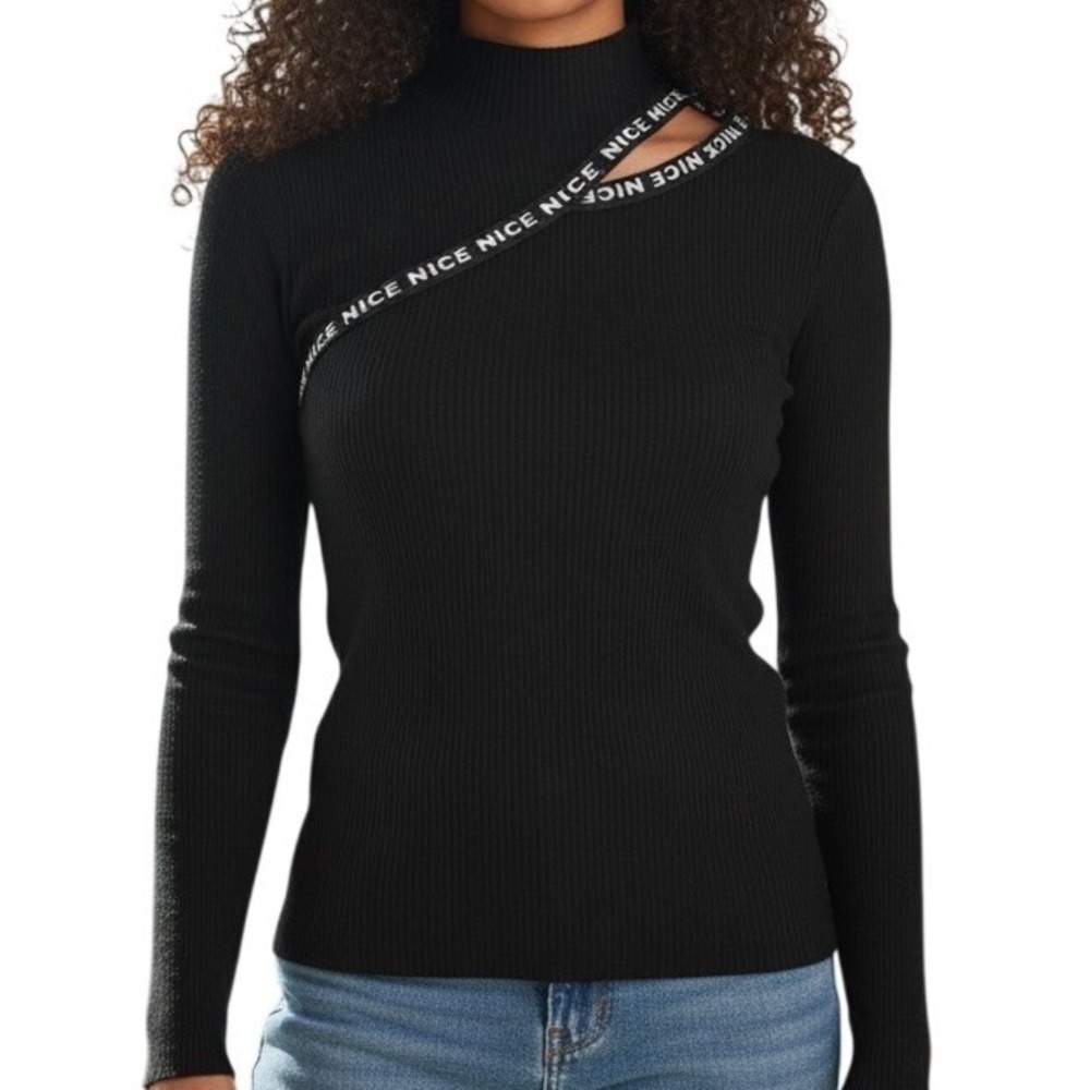 URBANIC LONDON Black Stretch Ribbed Asymmetrical Cutout Graphic Strap Top Size M